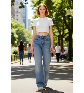 Kadın Yüksek Bel Geniş Paça Kesimli Denim Pantolon Fonksiyonel Dayanıklı Kaliteli Konforlu