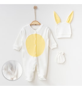 O'Baby Organik Pamuk Tavşan Bebek Tulum Kıyafeti Şapka ve Eldivenli ( 0 - 3 AY 3 - 6 AY ) (Beyaz)