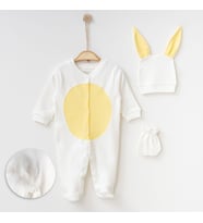 O'Baby Organik Pamuk Tavşan Bebek Tulum Kıyafeti Şapka ve Eldivenli ( 0 - 3 AY 3 - 6 AY ) (Beyaz)