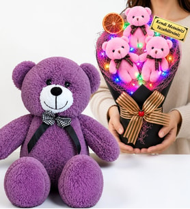 Kişiye Özel Renkli LED Işıklı Peluş Ayıcık Buketi ve 50 cm Büyük Boy Mor Peluş Ayıcık