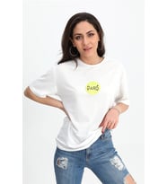T-shirt Bisiklet Yaka Önü ve Arkası Baskılı - Ekru