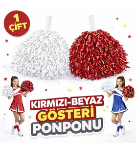 1 Çift ( 2 Adet ) Kırmızı-Beyaz Renk 23 Nisan 19 Mayıs 29 Ekim Okul Gösteri Ponponları Ekstra Dolgun