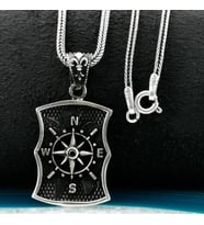 Özel Pusula Tasarımlı Atlas Zemin Detaylı Kalın Zincirli 925 Ayar Gümüş Erkek Kolye
