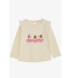 Breeze Kız Bebek Uzun Kollu Tişört Danscı Kız Baskılı Güpürlü 9 Ay-3 Yaş, Krem