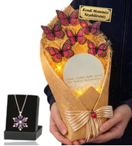 Kişiye Özel Premium Hediye Led Işıklı Aynalı Kelebek Buketi ve Gerçek Ametist Taşlı Lotus Kolye (Pembe)