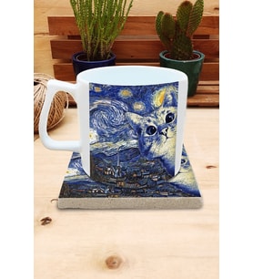 Kediler ve Sanat/Van Gogh Yıldızlı Gece The Starry Night Set 10 - Yelken Fincan Kupa-Taş Bardak Altlığı 7