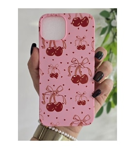 Iphone 13/14 Uyumlu Cherry Bomb Kurdele ve Minik Kalp Desenli İçi Kadife Sert Silikon Telefon Kılıfı