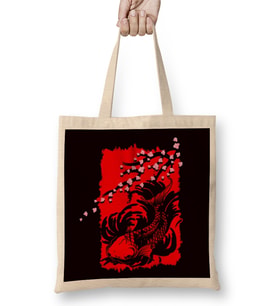 Japan Sakura Fish Cherry Blossom Tree Japanese Art Nature Bez Çanta Uzun Saplı