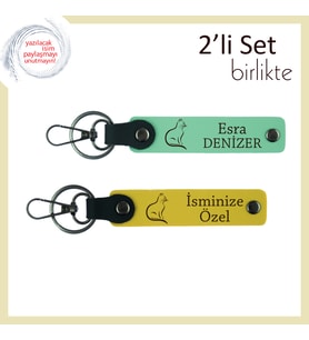 Tüylü Aşkınızı Simgelesin, Kedi Temalı, Kişiye Özel Yazılı Anahtarlık Seti, Açık Yeşil-Sarı