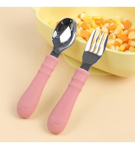Saplı Paslanmaz Çelik Bebek Kaşık Çatal Seti (Pembe)
