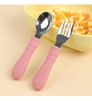 Saplı Paslanmaz Çelik Bebek Kaşık Çatal Seti (Pembe)