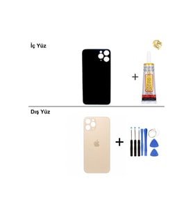 iPhone 11 PRO Altın Arka Kapak Arka Cam Batarya Kapağı Lazer Kesim Kapak Pil Kapağı + B-7000 Yapıştırıcı + Tamir Seti