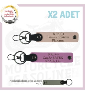 Motorcu Sevgiliye Hediye, İsim Plaka ve B Rh (-) Kan Grubu Yazılı x2 Anahtarlık, Yavruağzı-Pembe-Gr (Çok Renkli)