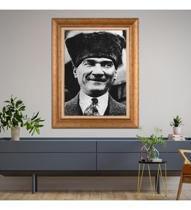 Altın Varaklı Çerçeveli Paspartulu Atatürk Tablo DC0940 (Gold)