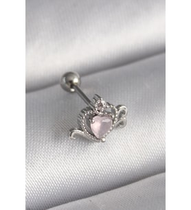 316L Çelik Gümüş Renk Pembe Mineli Kalp Zirkon Taş Detay Tragus Piercing 5886