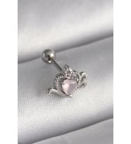316L Çelik Gümüş Renk Pembe Mineli Kalp Zirkon Taş Detay Tragus Piercing 5886