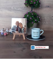 Dedeye Hediye Fotoğraflı Dekoratif Taş, Ahşap Altlıklı Türk Kahvesi Fincanı Hediye (Model 7)