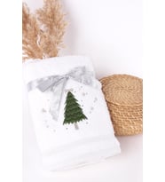 %100 Pamuk 2'li Çam Ağacı Nakışlı Yılbaşı 50x70 Happy New Year El/Yüz Havlusu Yeni yıl (Beyaz)