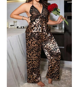 Amora Secret Özel Tasarım Büyük Beden Leopar Desenli İnce Askılı 2'li Saten Pijama Takımı