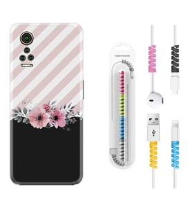 General Mobile GM 21 Pro GM 22 Pro Plus Kılıf Kablo Koruma Spiral Silikon Strip Pink Flowers 1396