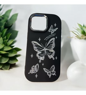 iPhone 15 Pro Max Kelebek Baskı Kabartmalı Kaliteli Silikon Telefon Kılıfı (Siyah)