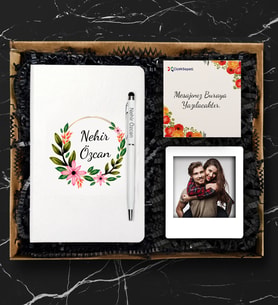 İsminize Özel Beyaz Deri Defter & Kutulu Metal Tükenmez + Instagram Çerçeve