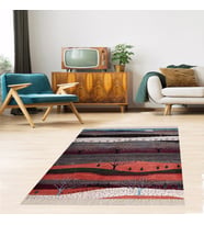 Ağaç Desenli Dijital Baskı Yıkanabilir Kaymaz Taban Etnik Kilim Desen Salon Halısı ve Yolluk (Gri)