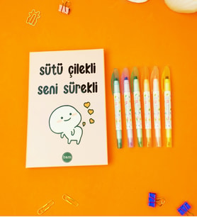 Sütü Çilekli Defter Çift Taraflı Soft Renkli Keçeli Kalem Set