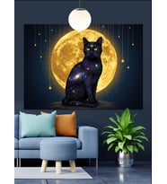 Siyah Kedi Dolunay Işığı Dekoratif Kanvas - Mdf Ahşap Tablo