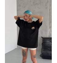 Unisex Bisiklet Yaka Baskılı Oversize T-Shirt - Siyah