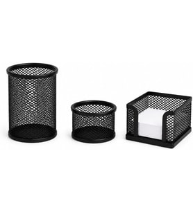 Perfore Metal Masaüstü Organizer Seti, 3 Parçalı, Kalemlik, Notluk ve Düzenleyici Bölmeli, Siyah, Ofis ve Ev Kullanımı için