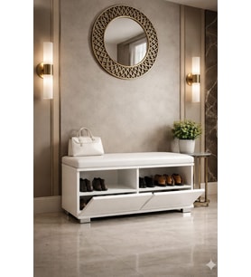 ISOLA 80 cm Minderli Oturaklı Ayakkabılık 2 Kapaklı Beyaz Ayakkabı Dolabı Beyaz Deri Puflu Bench