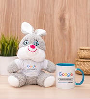 Kişiye Özel Google Tasarım Esprili Peluş Tavşan ve Mavi Kupa