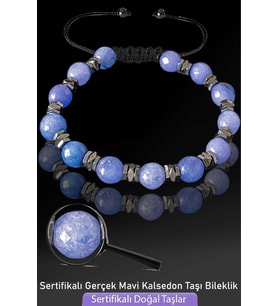 Sertifikalı Fasetli Gerçek Mavi Kalsedon Taşı Bileklik - Ayarlamalı (Çok Renkli)