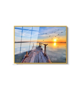 Çerçeveli Yatay Cam Tablo Salon Duvar Tablosu Yatay Cam Gunbatimi Gorseli Ofis Tablosu (Altın)