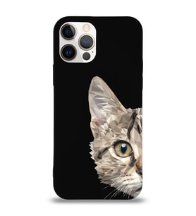 Apple iPhone 12 Pro Max Uyumlu Lansman Kılıf Catface Tasarımlı İçi Kadife Kapak-Siyah (Şeffaf)