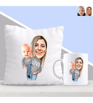 BK Gift Kişiye Özel Anne ve Bebek Karikatürlü Yastık ve Kupa Seti-2 (Model 1)