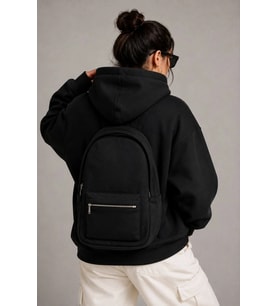 Kadın 3 İplik Şardonlu Tam Fermuarlı Kapüşonlu Arka Çanta Detaylı Sweatshirt - Siyah