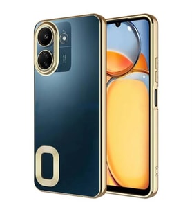 Coverzone Xiaomi Poco C65 ile uyumlu K?l?f Kamera Korumal? Logo G�steren Parlak renk kenar �izgileri ile ??k bir tasar?m Colored Z-Omega Kapak Gold