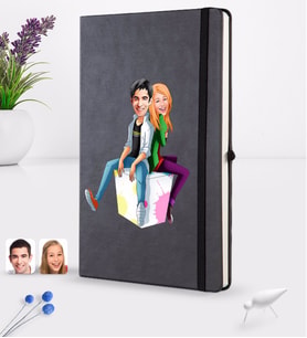 BK Gift Kişiye Özel Sevgililer Karikatürlü Siyah Termo Deri Defter 16x24cm Model 35