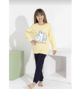 Kız Çocuk Kedi Baskılı Uzun Kollu Pijama Takımı – Rahat Ev Giyimi-8411-