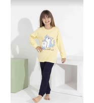 Kız Çocuk Kedi Baskılı Uzun Kollu Pijama Takımı – Rahat Ev Giyimi-8411-