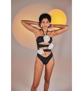 Çıkarılabilir Çiçek Detaylı Cutout Kesim Premium Swagger Mayo Siyah