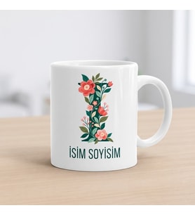 Kişiye Özel Baş Harf ve İsim Yazılı Çiçek Motifli İ Harfli Seramik Kupa Bardak