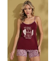 Kadın Desenli Bisiklet Yaka Düğmesiz Pamuklu Yazlık İp Askılı Kol Mini Şortlu Pijama Takımı (Mürdüm)