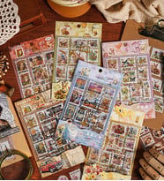Vintage Pul Desenli Sticker Seti – 4 Sayfa Scrapbook Etiketi