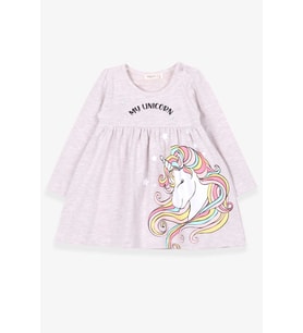 Breeze Kız Çocuk Uzun Kollu Elbise Unicorn 2-6 Yaş, Bej Melanj