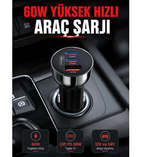 PD 30W Çift USB-C Araç Şarj Cihazı 60W Hızlı Şarj Adaptörü