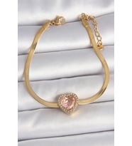 316L Çelik Gold Renk İtalyan Zincir Pembe Zirkon Taşlı Kalp Model Kadın Bilekli - EEEEEE5594-2