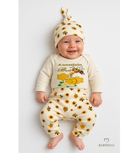 BABYDEN'S Annesinin Balı 3’lü Yenidoğan Takım %100 Pamuk Uzun Kol Body,Çiçek Arı Desenli Ribana Pantolon,Bere (Sarı-Ekru)